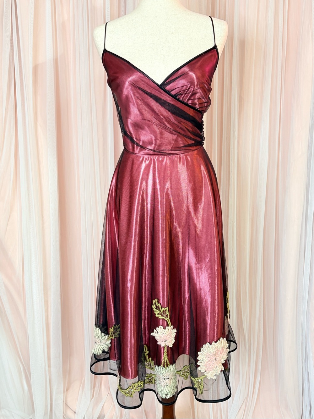 Vintage Betsey Johnson New York Burgundy Satin Black Mesh Embroidered Y2K